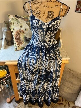 Betsey Johnson Navy and White Tie-Dye Spaghetti Strap Maxi Dress Sexy Cute Fab 6